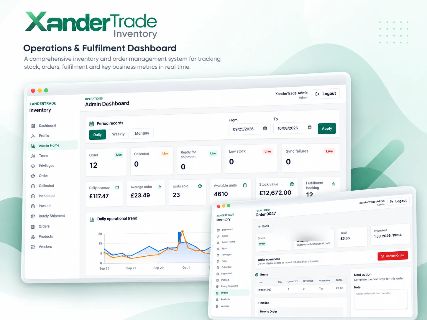 XanderTrade Inventory dashboard and order fulfillment screen
