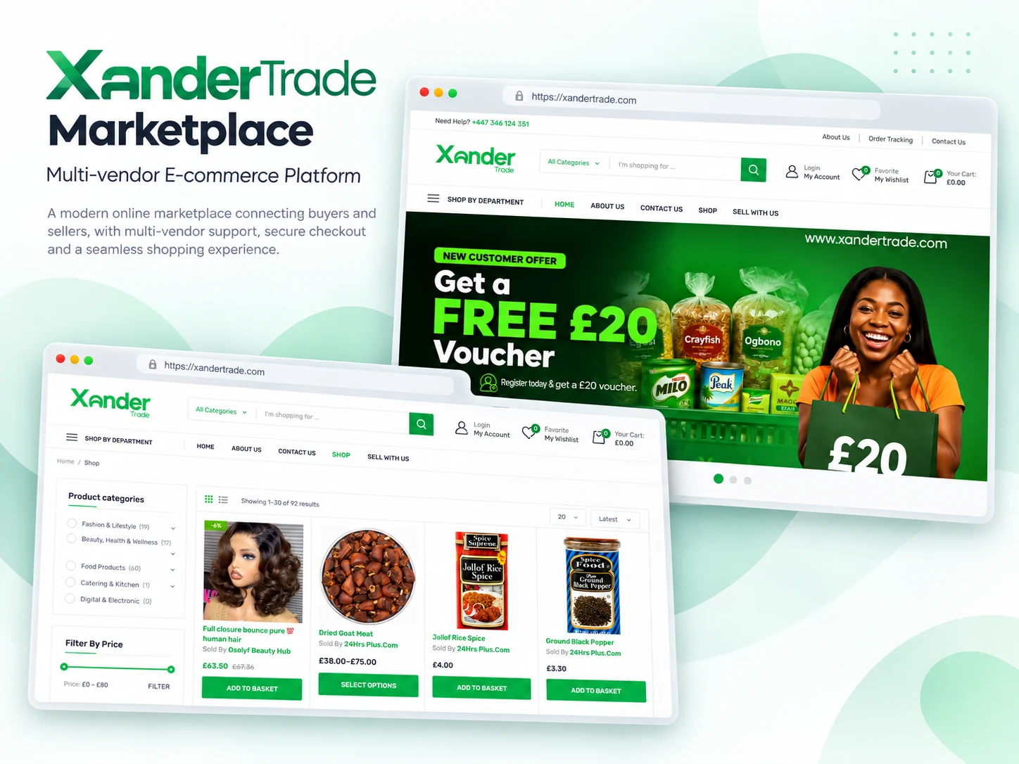 XanderTrade multivendor marketplace homepage and products listing