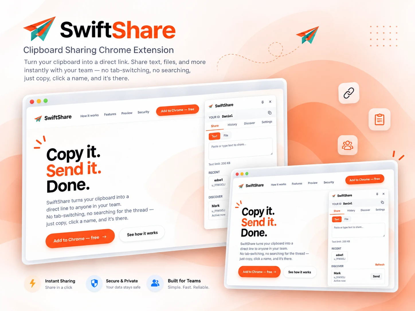SwiftShare Chrome extension and clipboard sharing interface